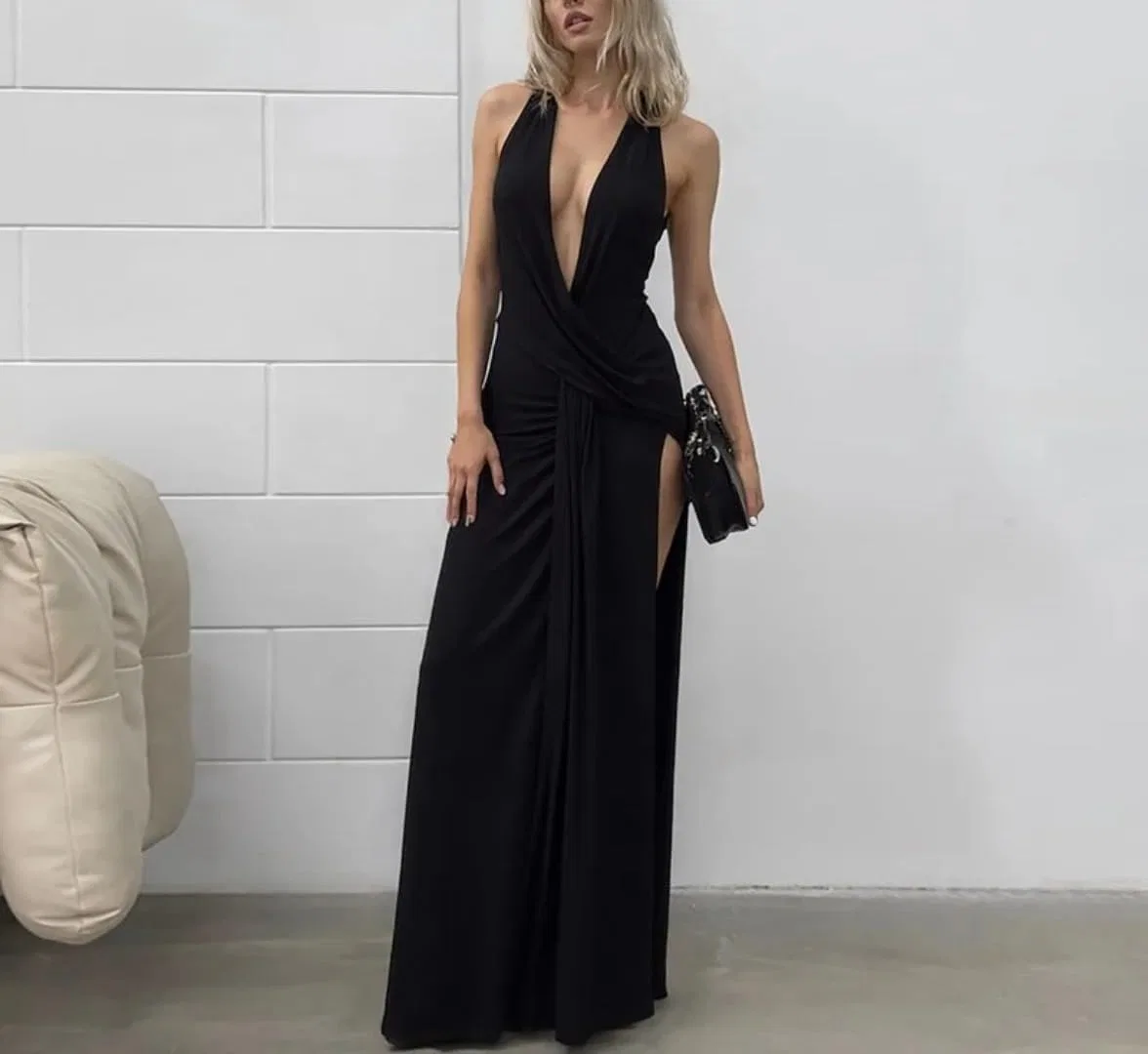 Женское вечернее платье с глубоким V-вырезом и открытой спиной, Black — фото 4