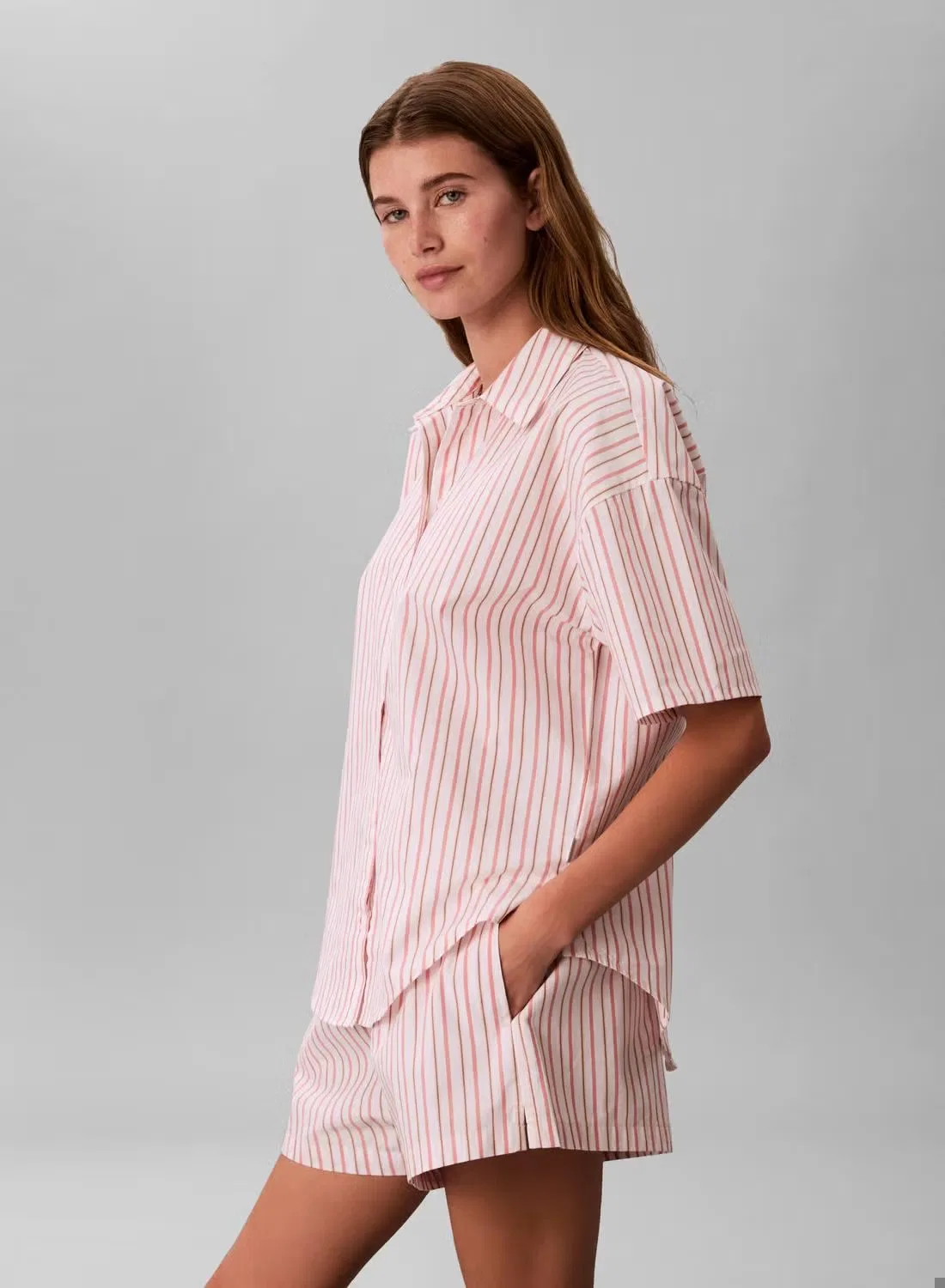 Пижамная рубашка с длинным рукавом с полосками Calvin Klein, персиковый — фото 4