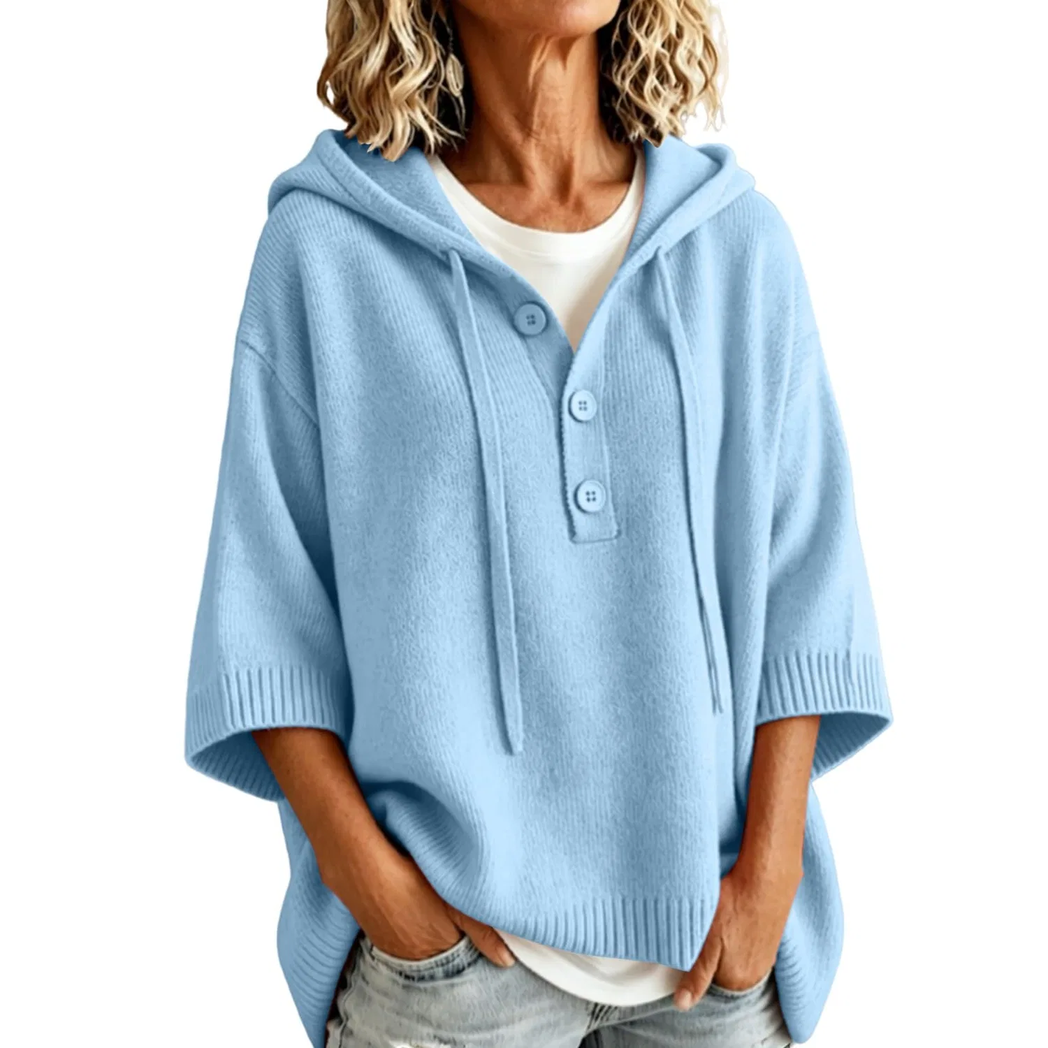 Женский худи с капюшоном и длинным рукавом, модель Henley Neck, Blue Sky