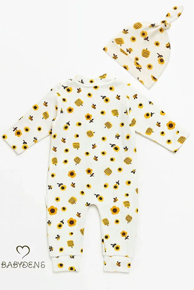 Детский комбинезон для новорожденных с принтом Bee & Sunflower Pattern Buttoned Hat Ribbed Ribbed Baby Romper Babyden'S, Ecru-Yellow — фото 4