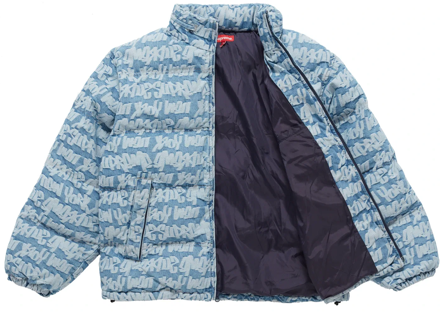 Мужская куртка-пуховик джинсовая с принтом Supreme Fat Tip Jacquard Denim Puffer Jacket, Blue — фото 2
