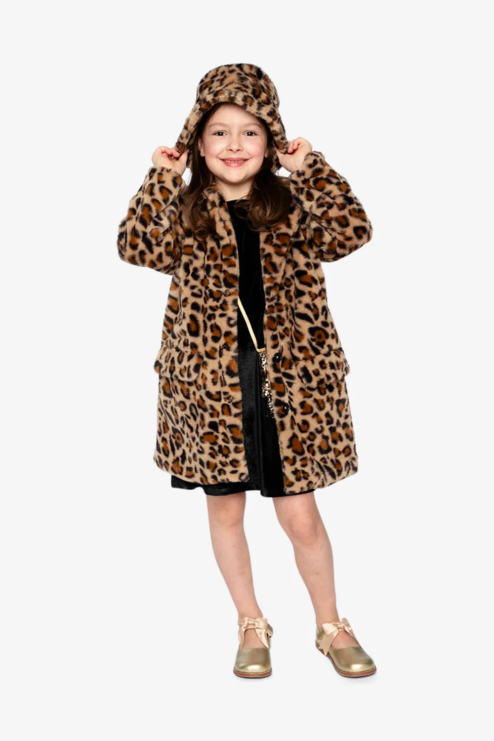 Детское длинное пальто из искусственного меха с принтом Deux par Deux, Brown Leopard Print