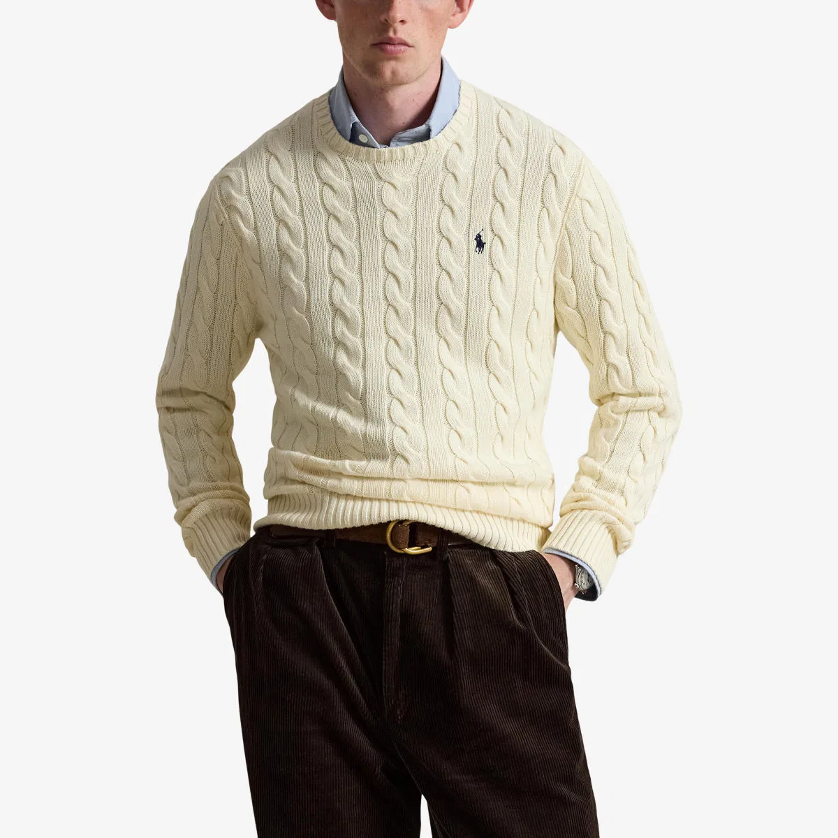 Хлопковый джемпер крупной вязки с вышивкой бренда Polo Ralph Lauren, кремовый — фото 3