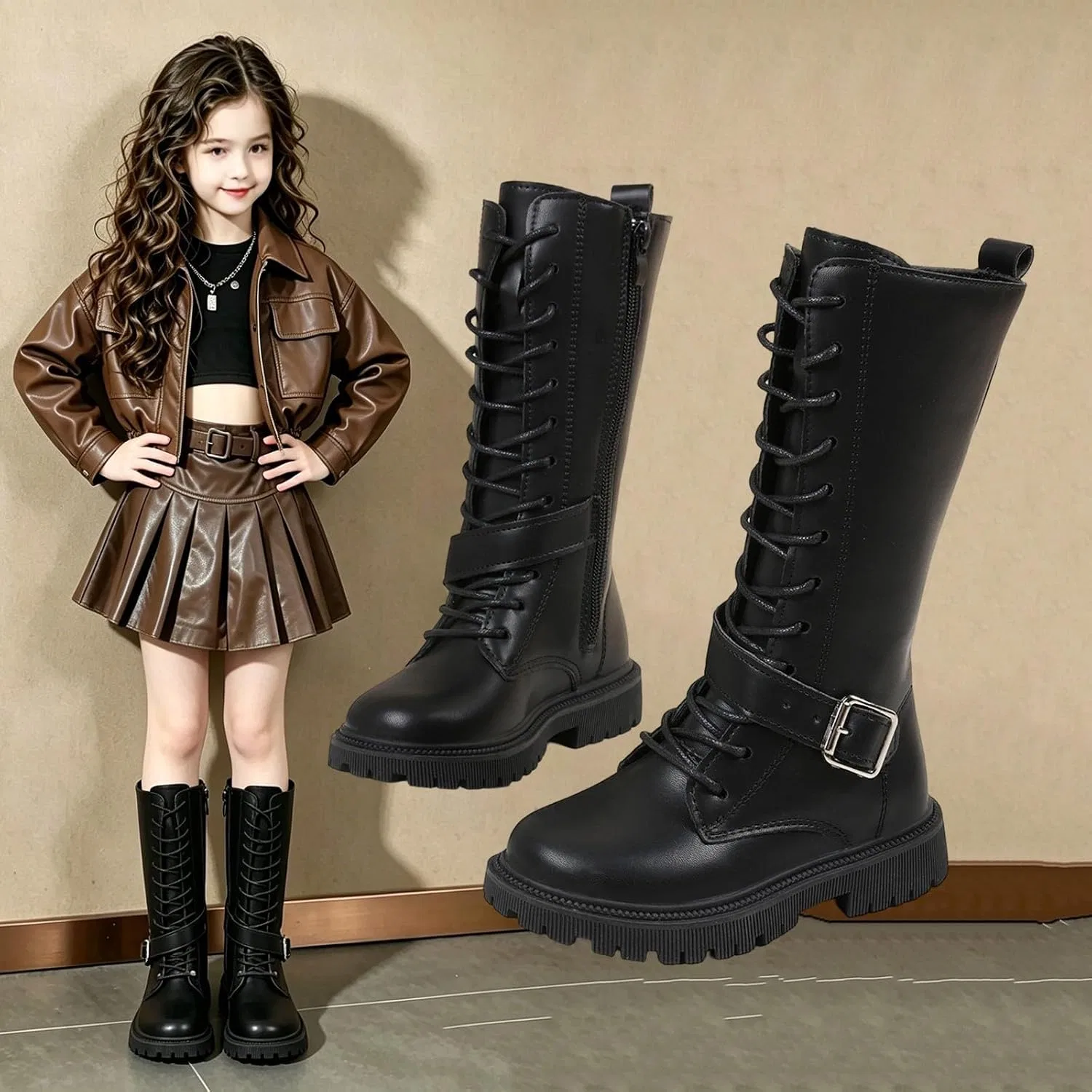 Детские ботинки для девочек на шнуровке с ремешком на пряжке Combat Boots Kids, Black — фото 2