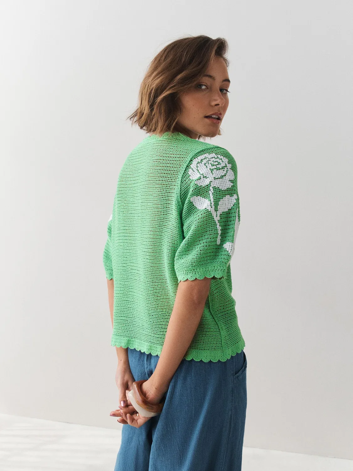 Футболка с цветочным кружевом Next, Green/White Multi Floral — фото 4