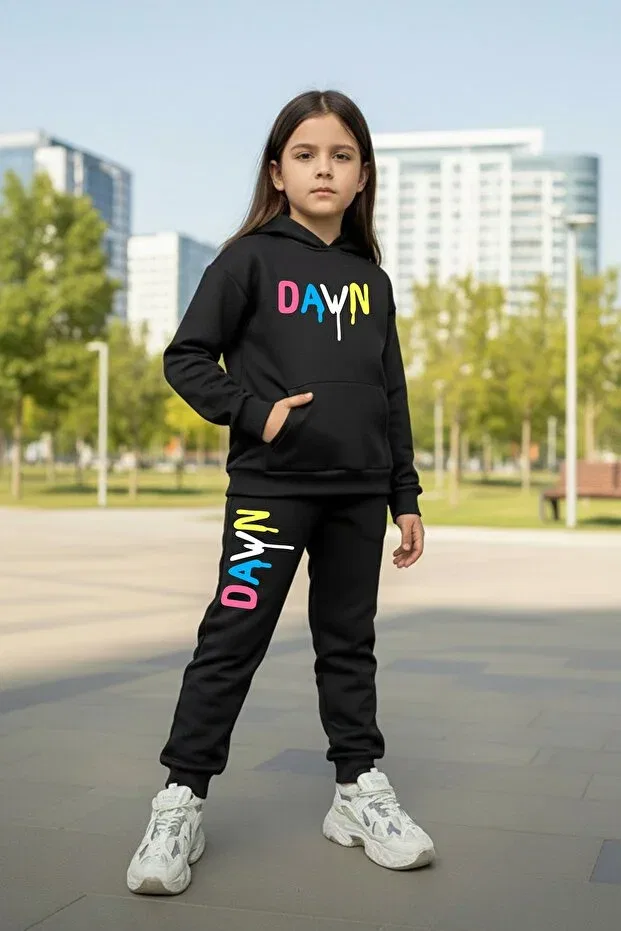 Детский для девочек комплект спортивного костюма с принтом Hooded Dawn Print Detail Kangaroo Pocket Girls Tracksuit Set Fyk Kids, Black