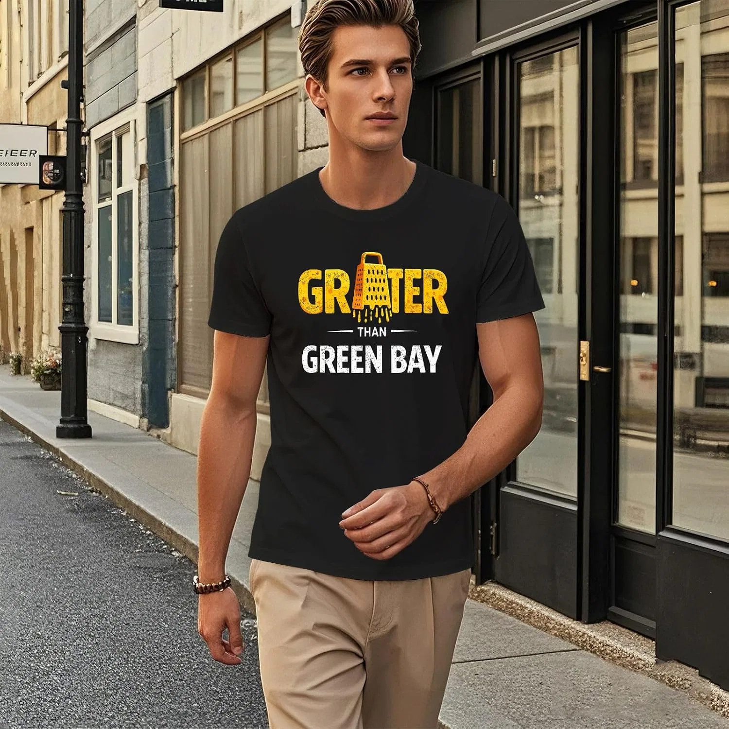 Мужская футболка с буквенным принтом Grater Than Green Bay Greater Cheese Grate, Allblack — фото 2