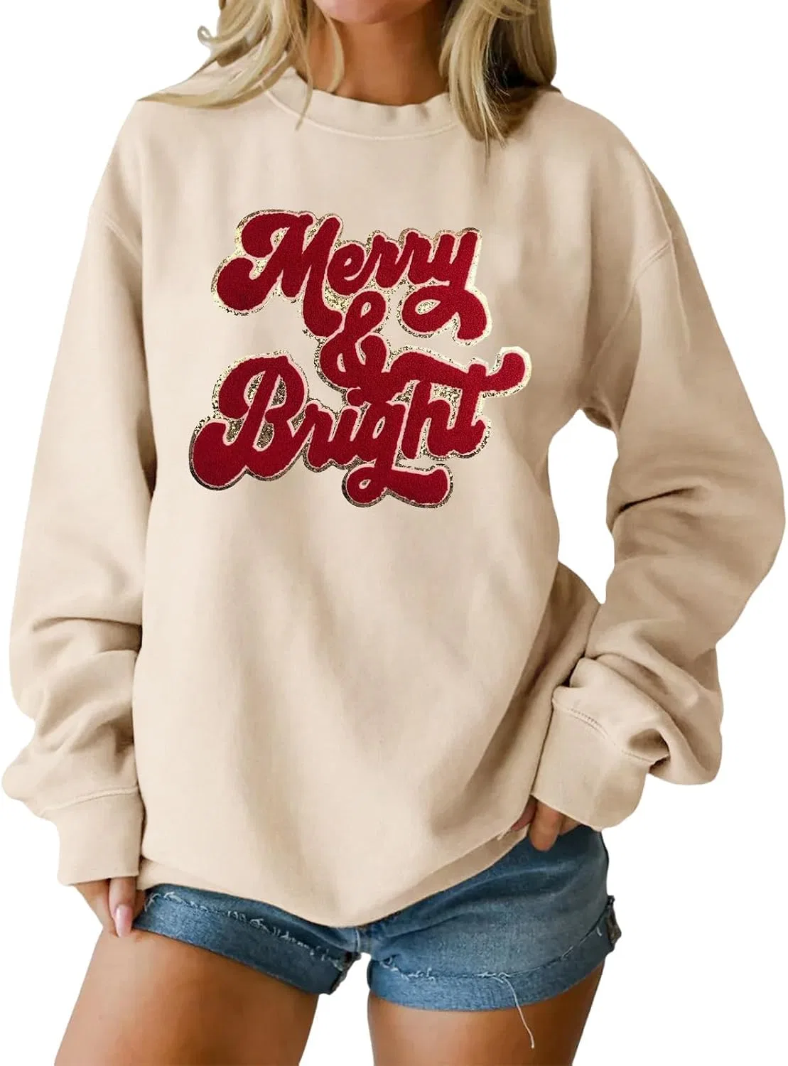 Женский свитшот с праздничным принтом Merry And Bright, бежевый