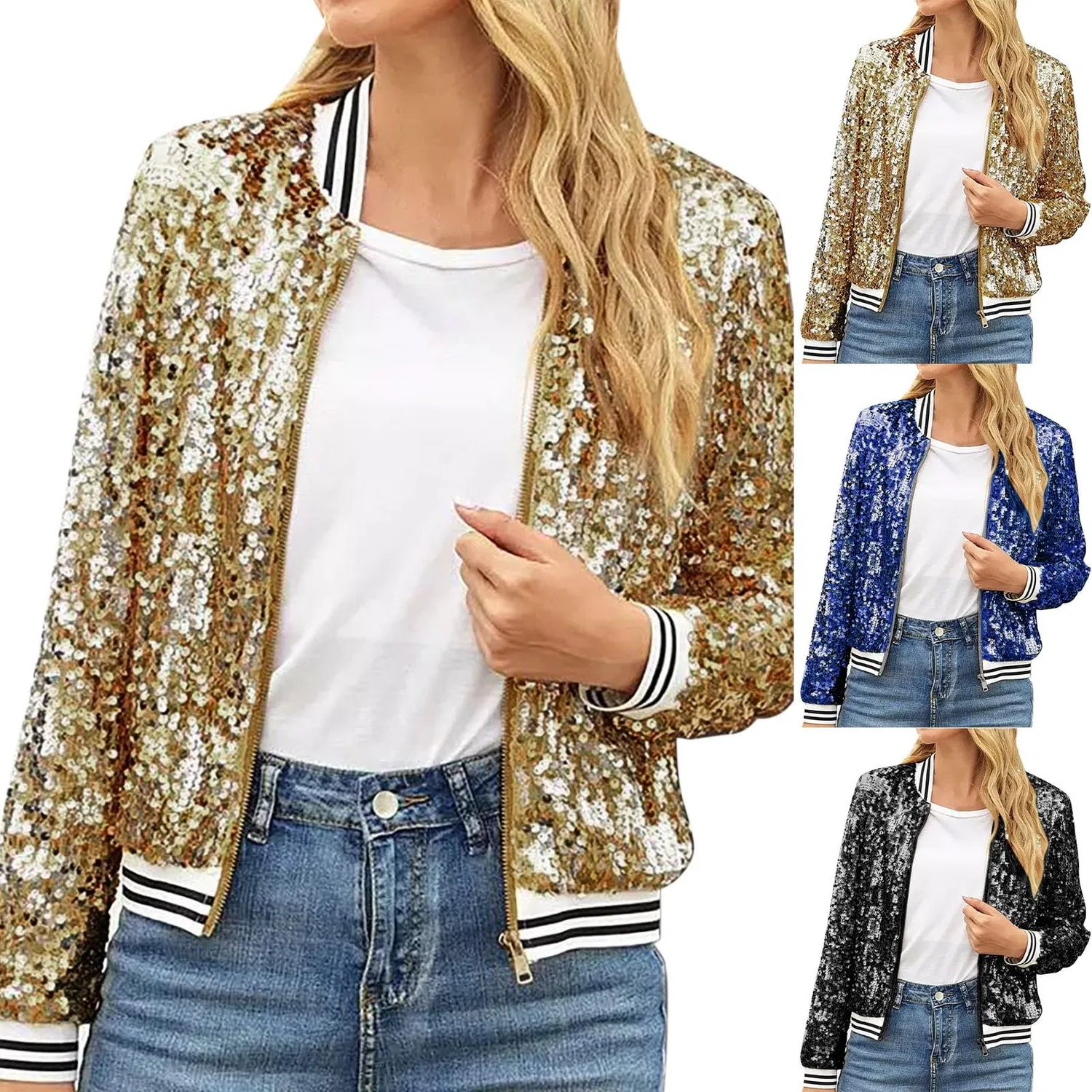 Женская куртка с пайетками с длинным рукавом Women Glitter Jacket, Gold