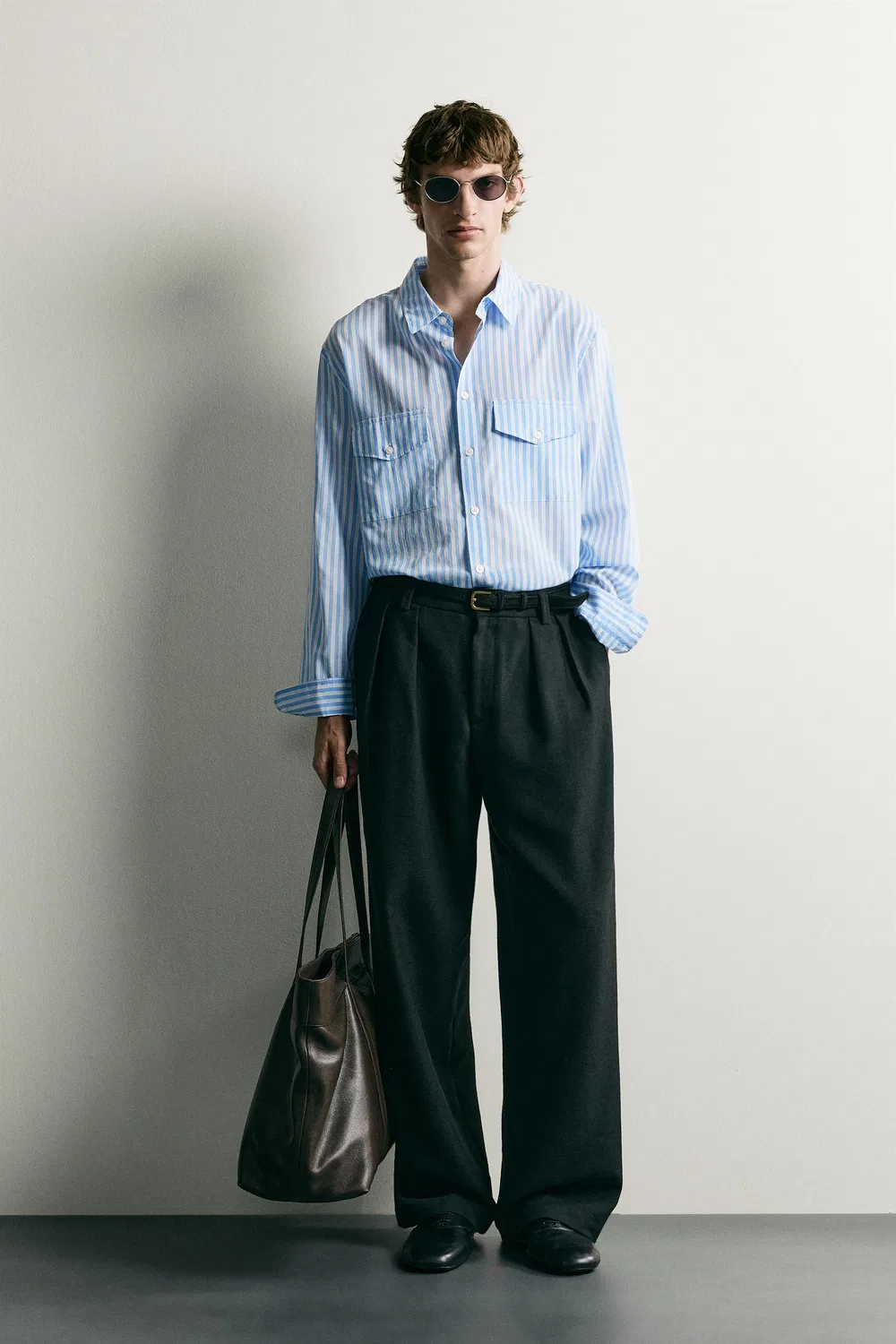 Полосатая струящаяся рубашка с карманами ZARA, Blue/White