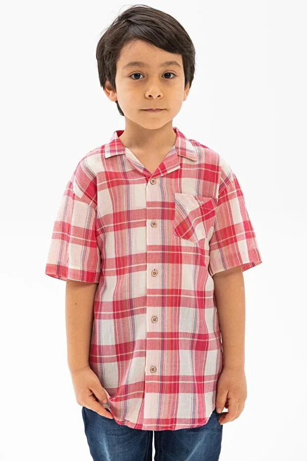 Детская рубашка для мальчиков с коротким рукавом Eliş Şile Bezi, Red Cream Plaid — фото 3