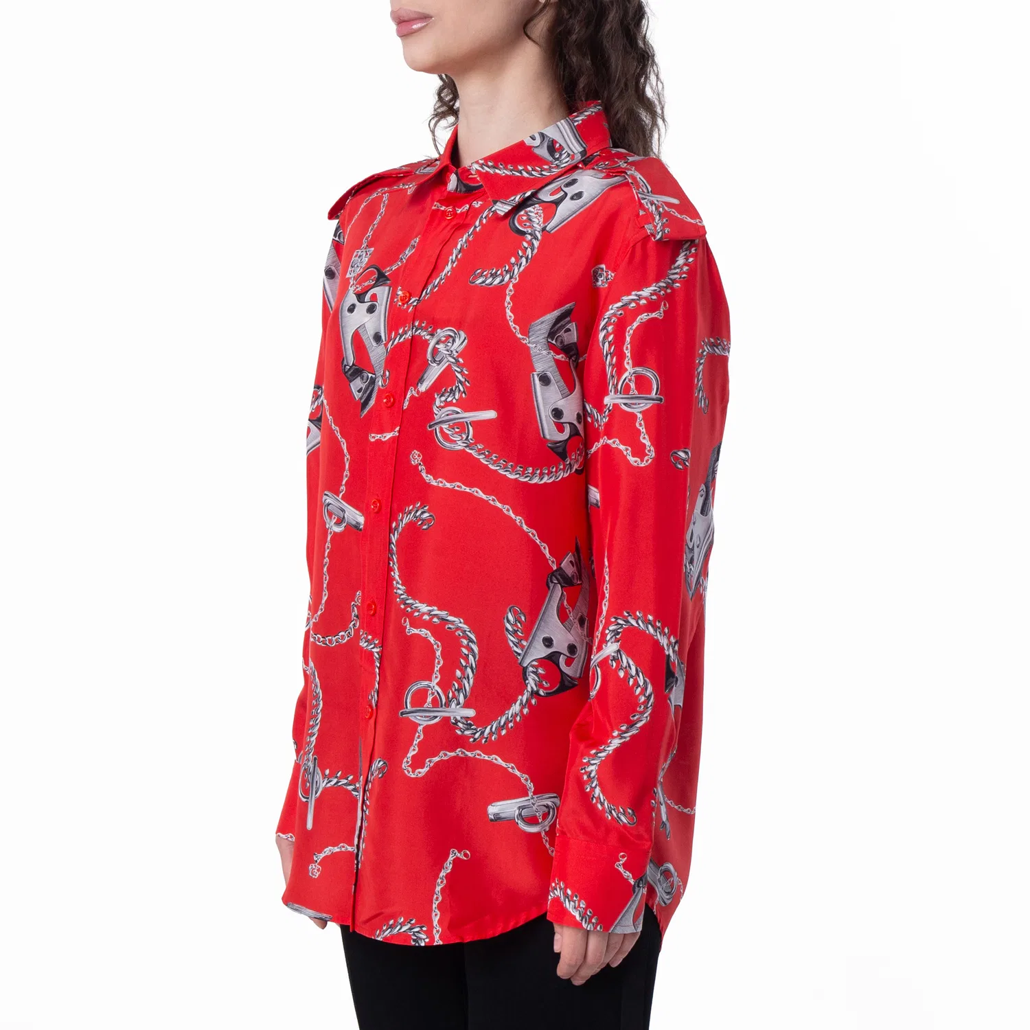 Шелковая рубашка с длинным рукавом с принтом All-Over Graphic Print Burberry, Silver/Red — фото 3