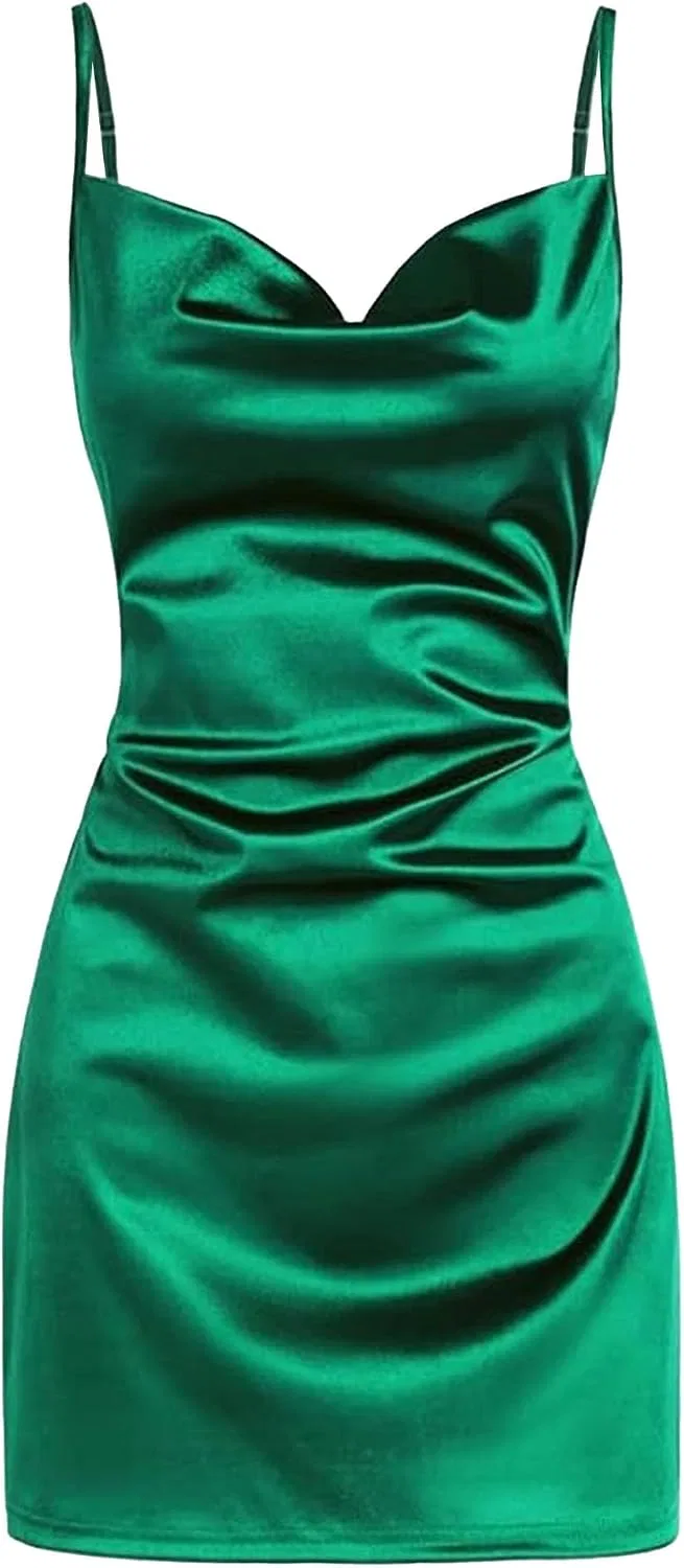 Женское сатиновое мини-платье на бретелях с V-образным вырезом, Dark Green