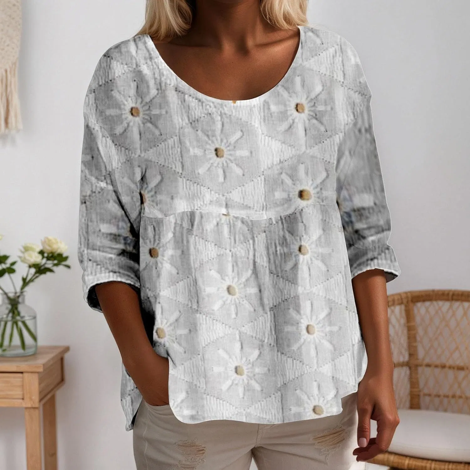 Женская блузка свободного кроя с принтом, Retro Embroidered, чёрный — фото 2