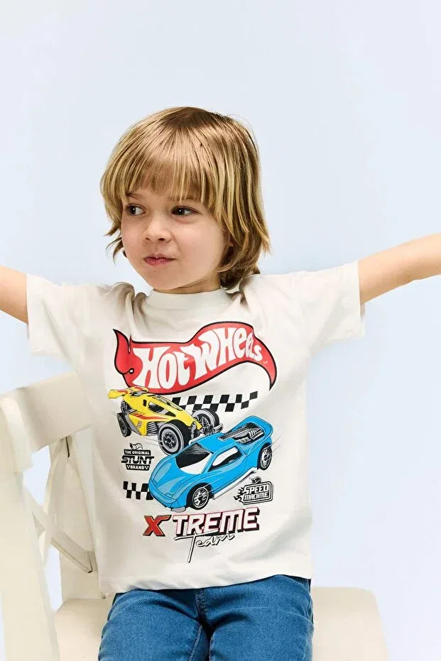 Детская футболка для мальчиков с принтом Hot Wheels Bicycle Defacto, Ecru-Er85 — фото 2