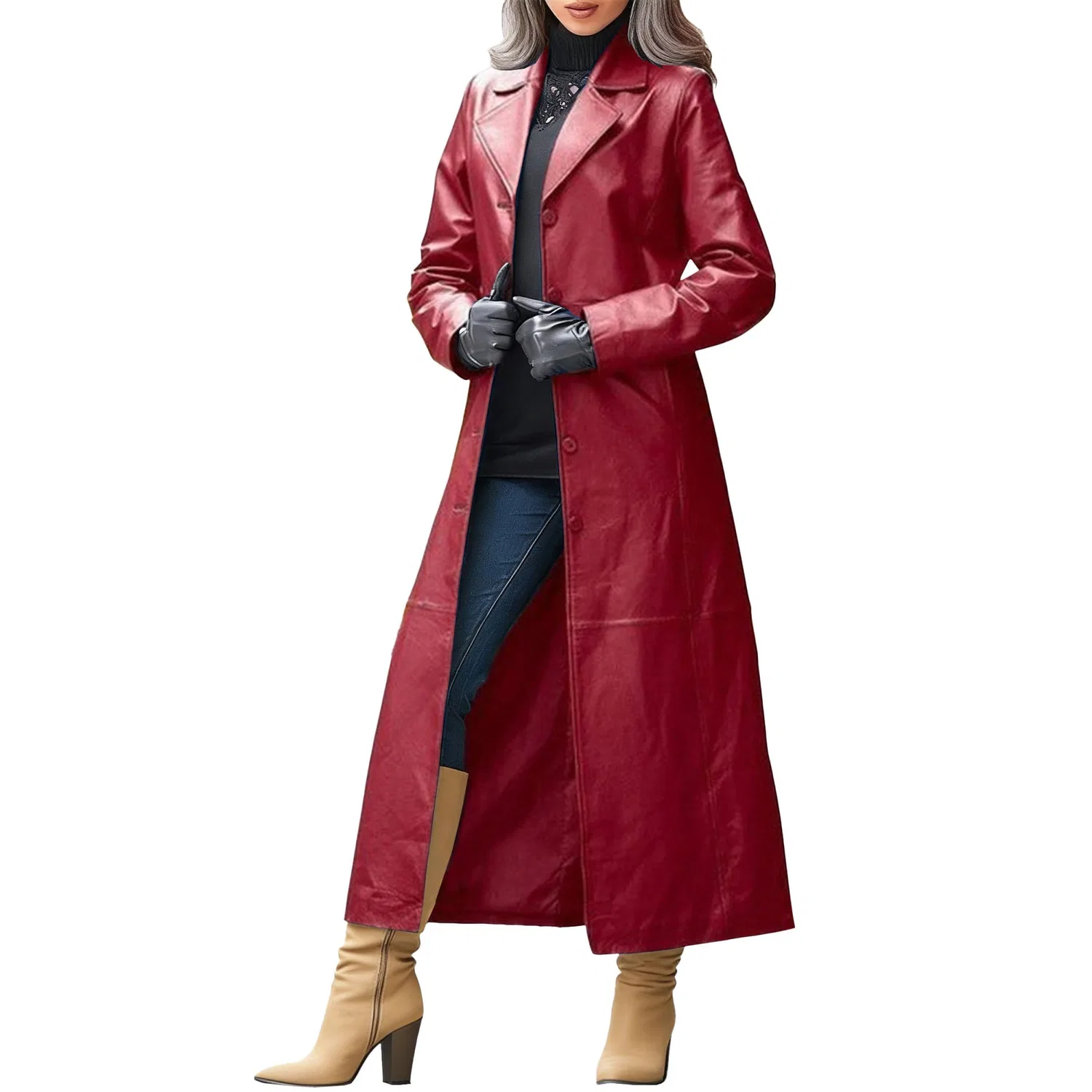 Женское зимнее пальто с лацканами из искусственной кожи, Red