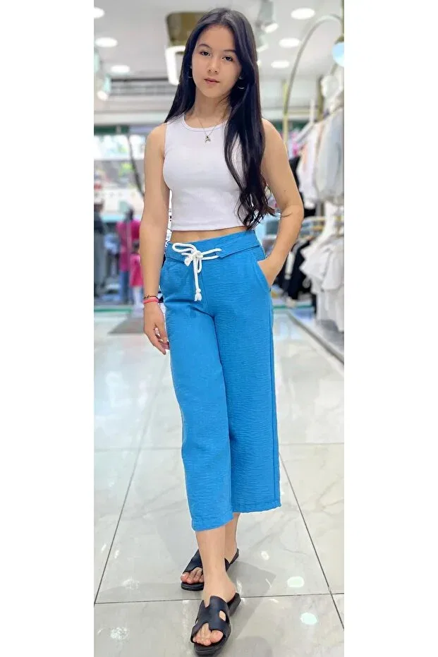 Детские брюки для девочек льняные Minimoda Kids, Turquoise — фото 2