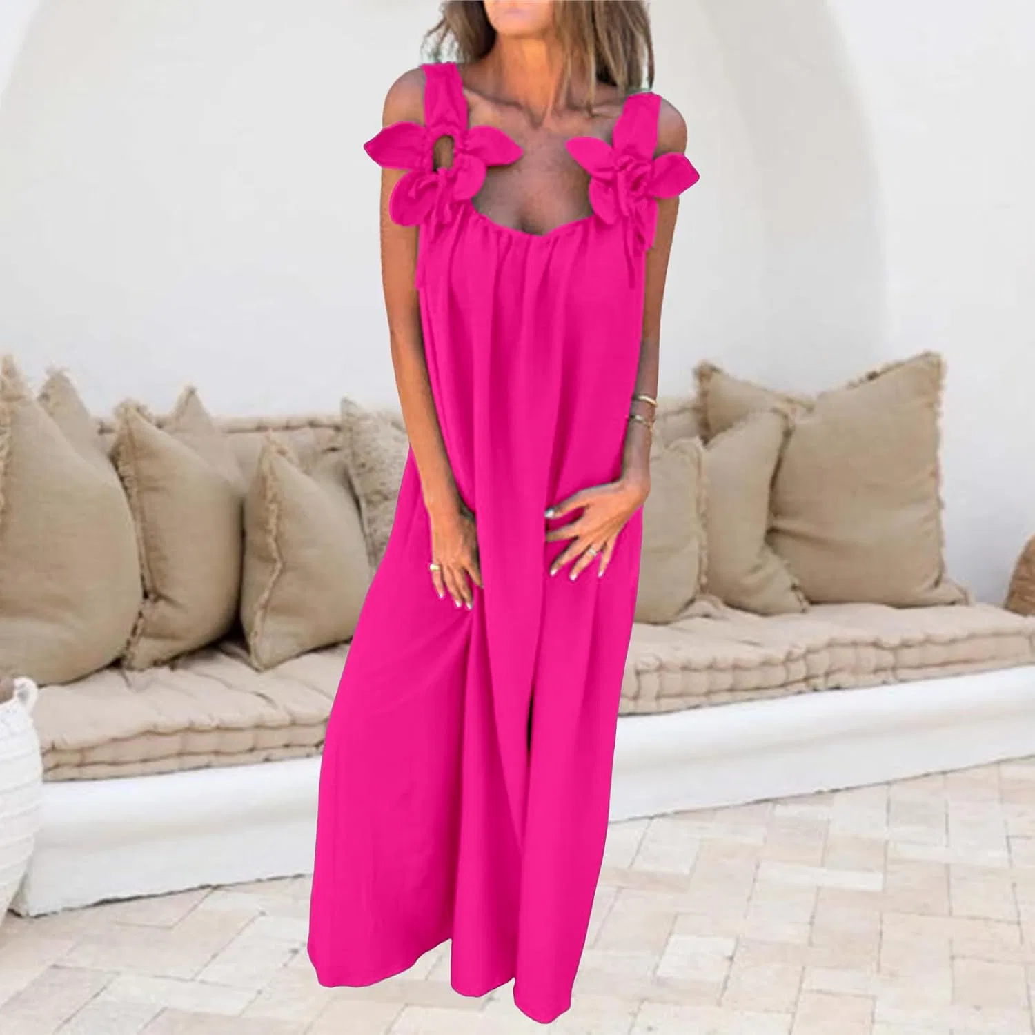 Женский сарафан миди без рукавов с цветочными бретелями, Hot Pink — фото 3