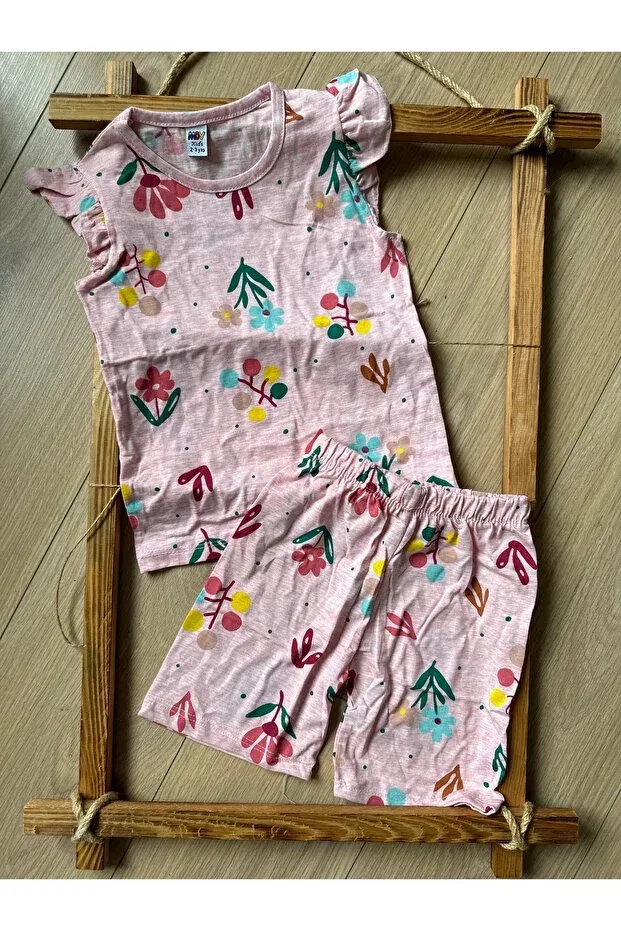 Детский комплект шорт для девочек с принтом Leafy floral patterned summer comfortable soft girls' shorts set Bebtaş, Pink