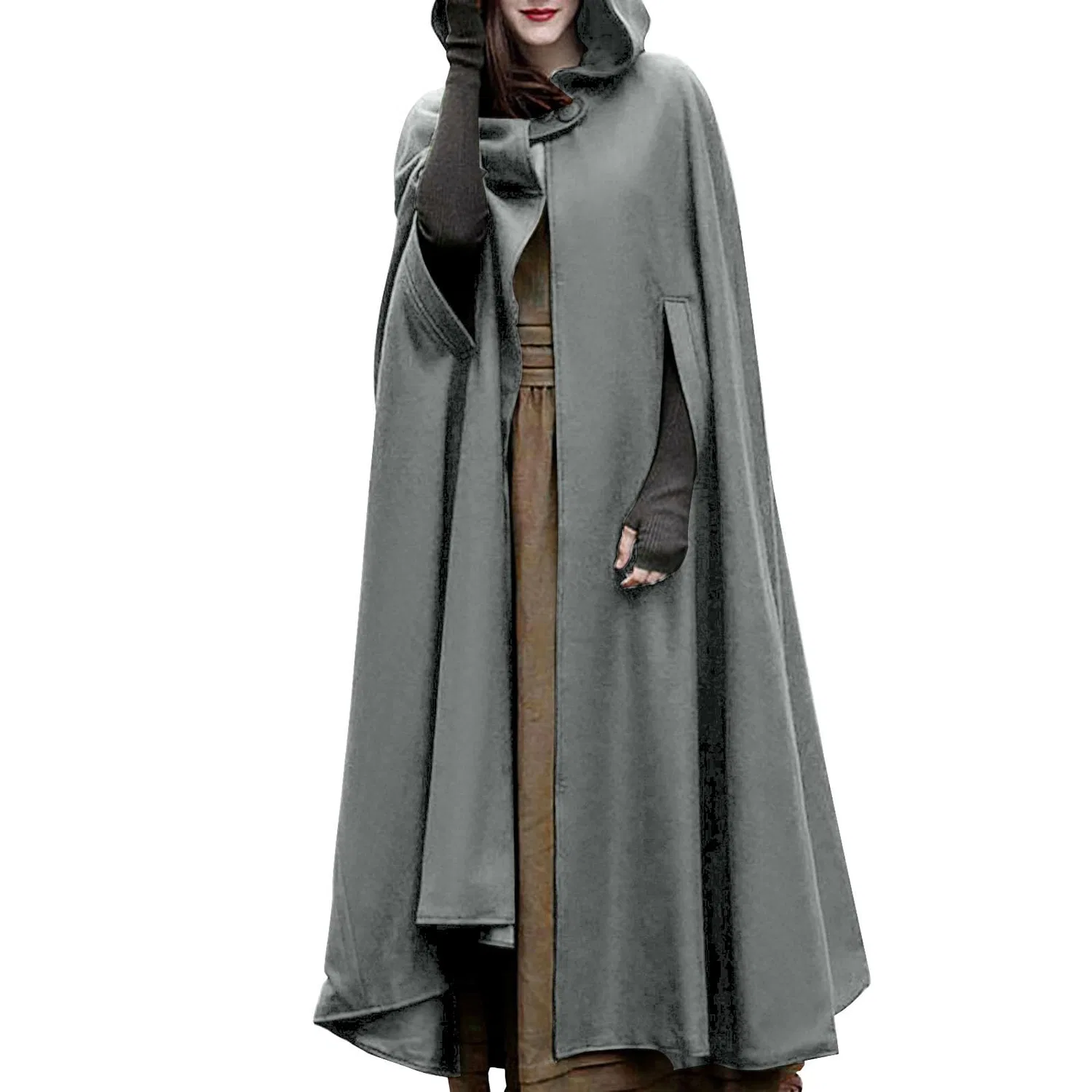 Женское длинное пальто с капюшоном, готическое, на широких подтяжках, grey