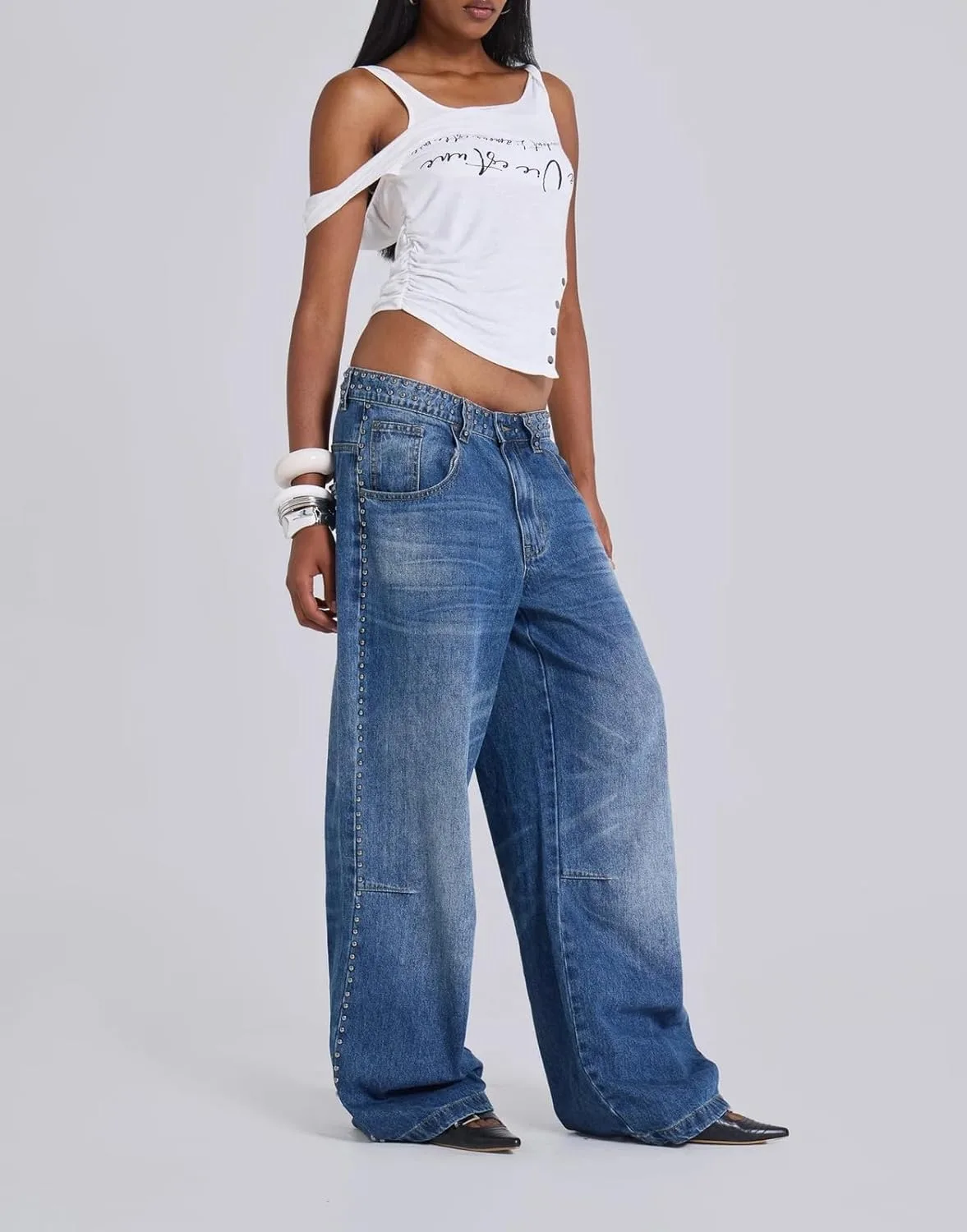 Женские джинсы Baggy Wide Leg с заклепками, низкая посадка — фото 2