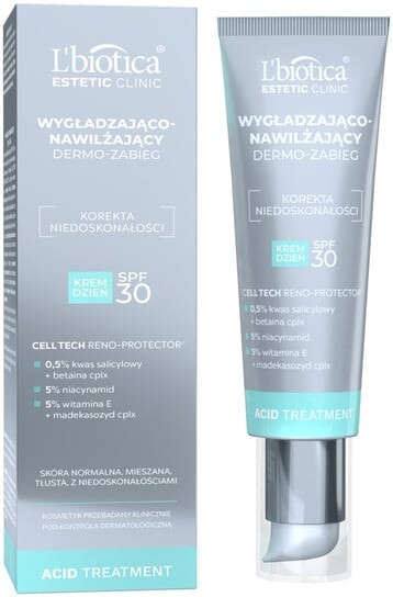 

Разглаживающий и увлажняющий дневной крем для дермотерапии SPF30, 35 мл L'biotica, Estetic Clinic Acid Treatment