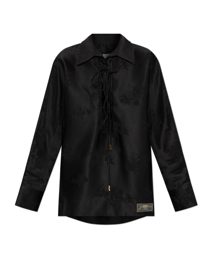 

Рубашка с завязками из жаккардовой атласной ткани Ganni, черный