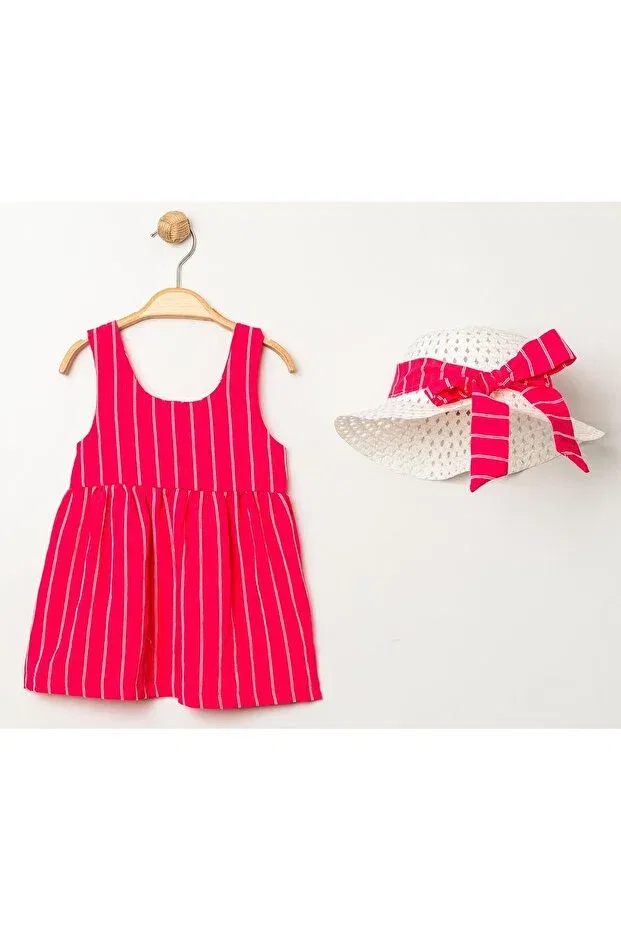Детское платье для девочек в полоску с головным убором и бантом Chicsy Baby, Pink — фото 3