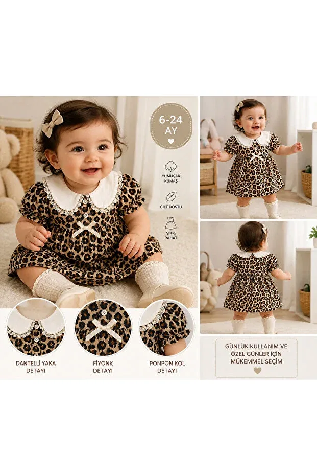 Детское платье для девочек с принтом Girl'S leopard patterned lace collar dress with ribbon detail stylish design dress Babymilk, Multicolor — фото 2