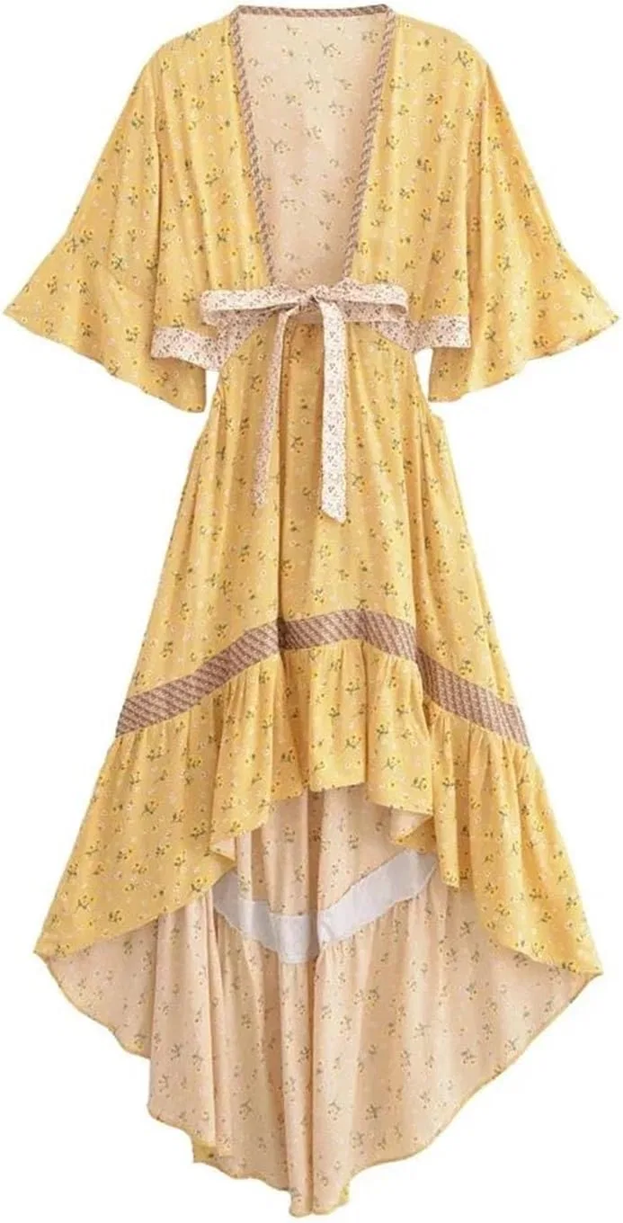 Женское богемное платье макси с вышивкой, Yellow