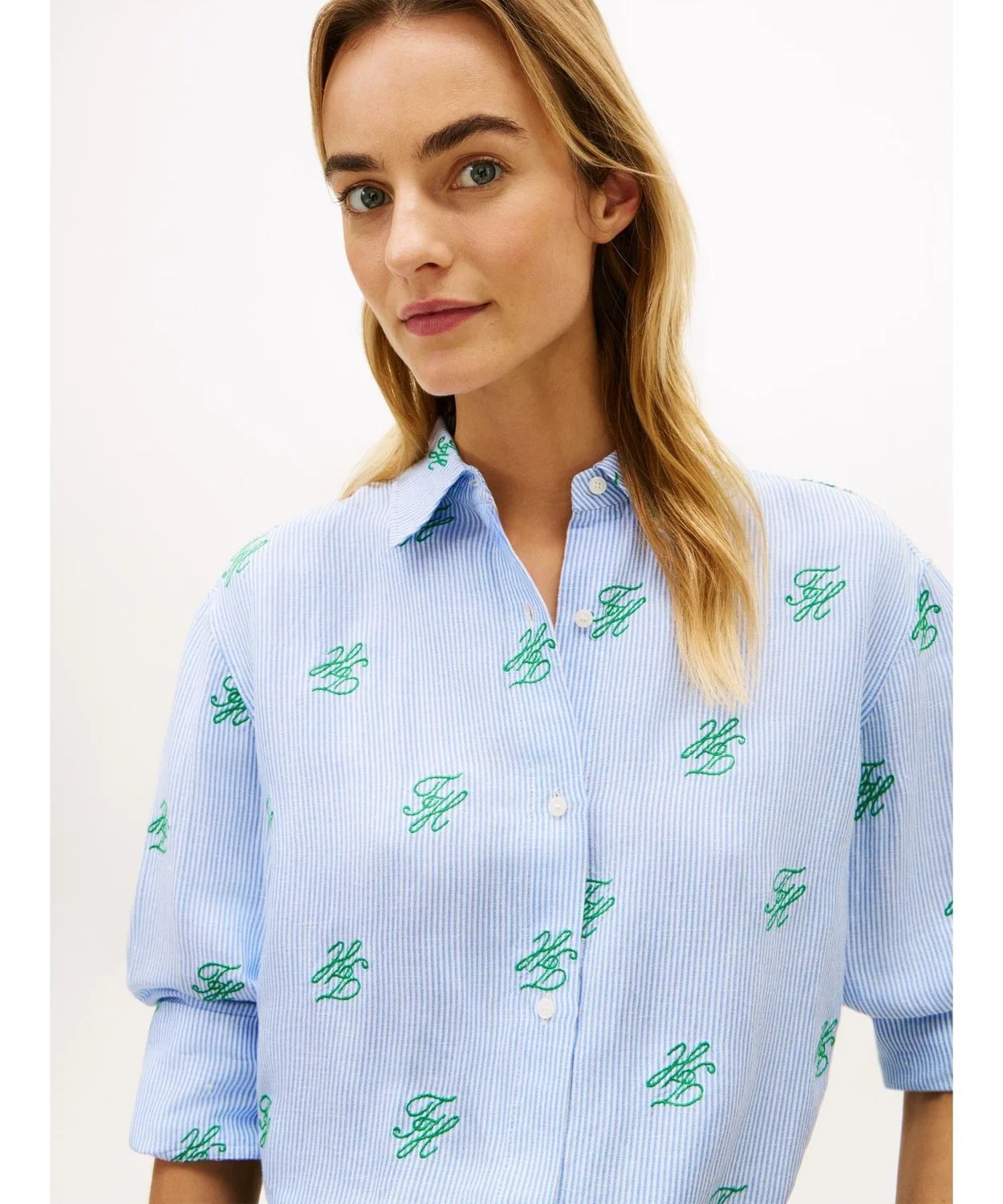 Женская рубашка из льна свободного кроя с монограммой TOMMY HILFIGER, Blue — фото 3