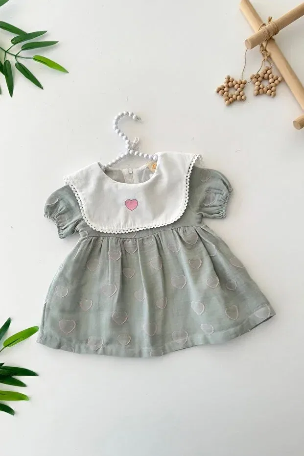 Детское платье для девочек хлопковое My little one's baby girl lined dress with heart detailed collar Minigimin Cicileri, Green-82795