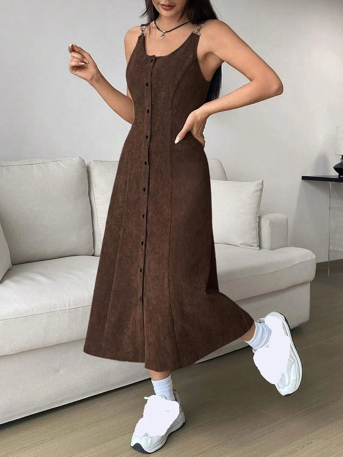 Женское платье A-силуэта миди с пуговицами, Coffee Brown — фото 4