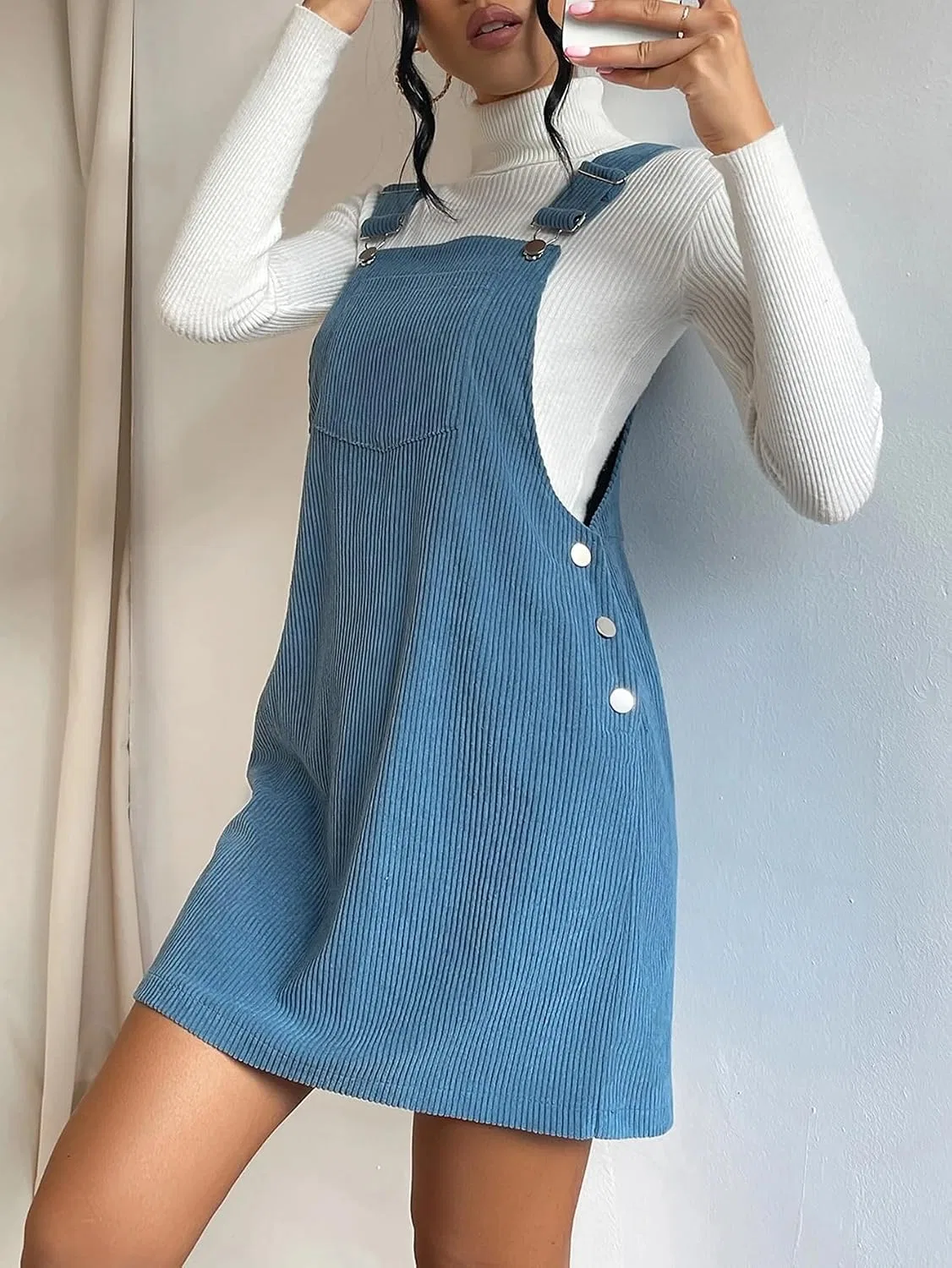 Женское повседневное короткое платье-сарафан с карманами, Blue — фото 4