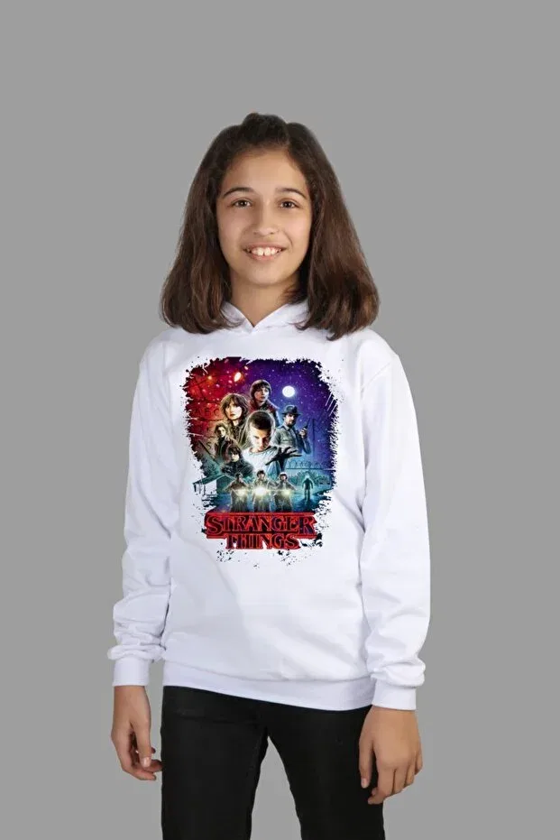 Детское худи для девочек с принтом Stranger Things Digital Printed Two Threads With Ribbon Inside Raf Coll, White — фото 2