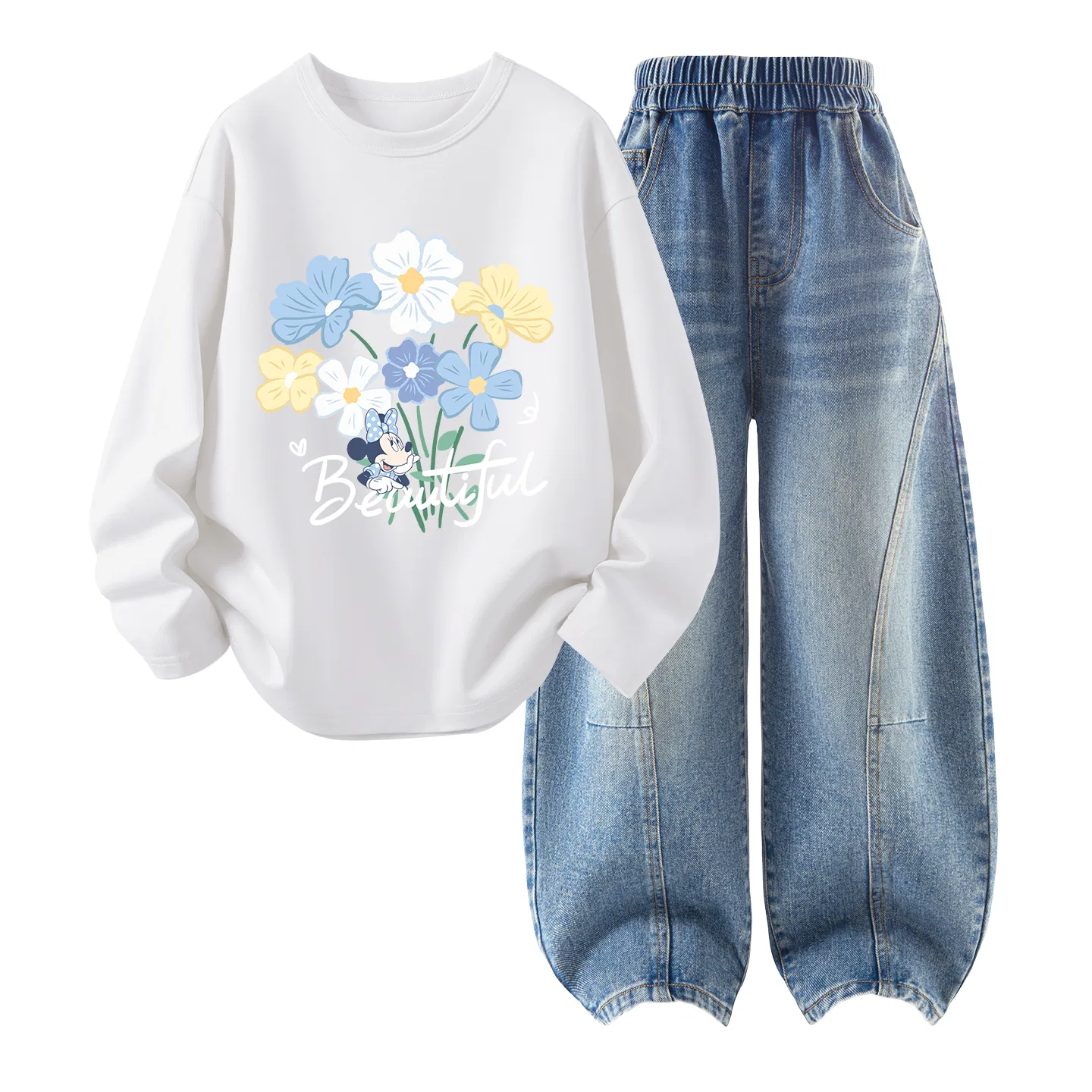 Детский спортивный комплект с принтом Daisy Bouquet White и джинсовым низом, Disney, Daisy Bouquet White + Solid Color Denim Light Blue