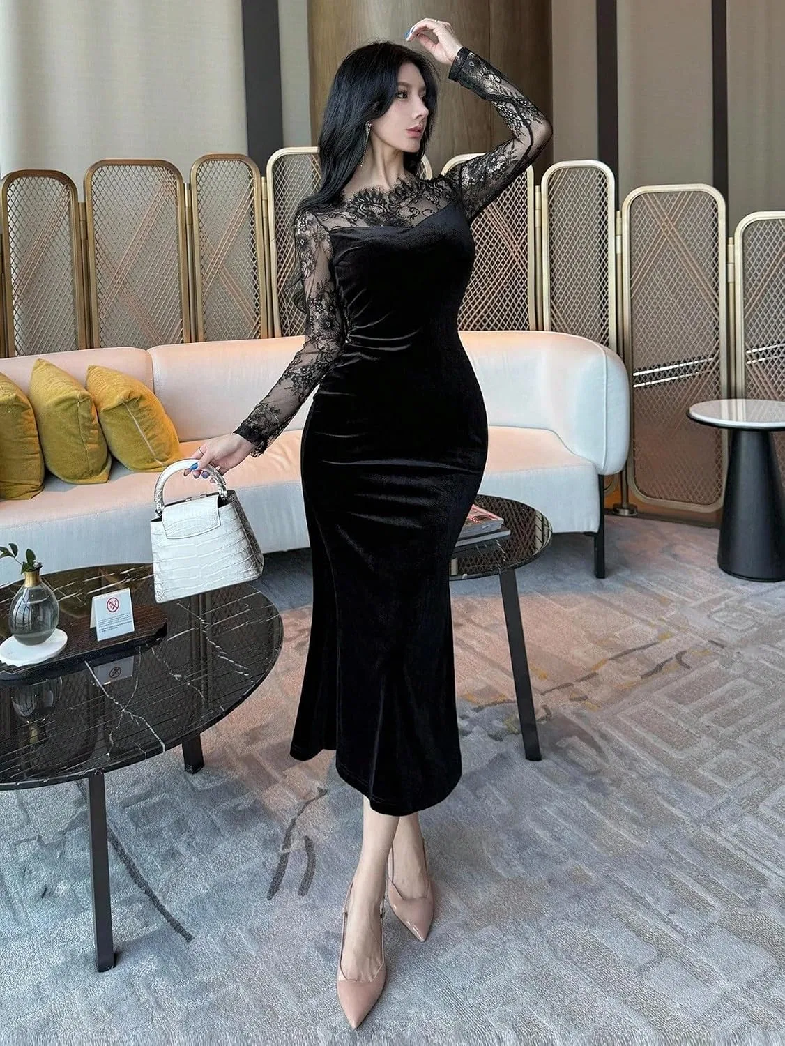 Женское кружевное миди-платье с длинным рукавом, Black — фото 3