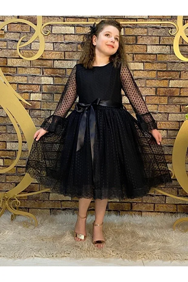 Детское платье для девочек кружевное с поясом Abiyekids, Black — фото 3