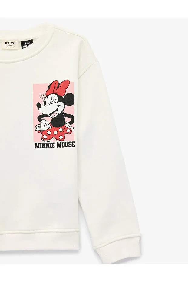 Детские свитшот для девочек с принтом Minnie Mouse Printed Long Sleeve Crew Neck Licensed Fleece-Lined Koton, Ecru — фото 3