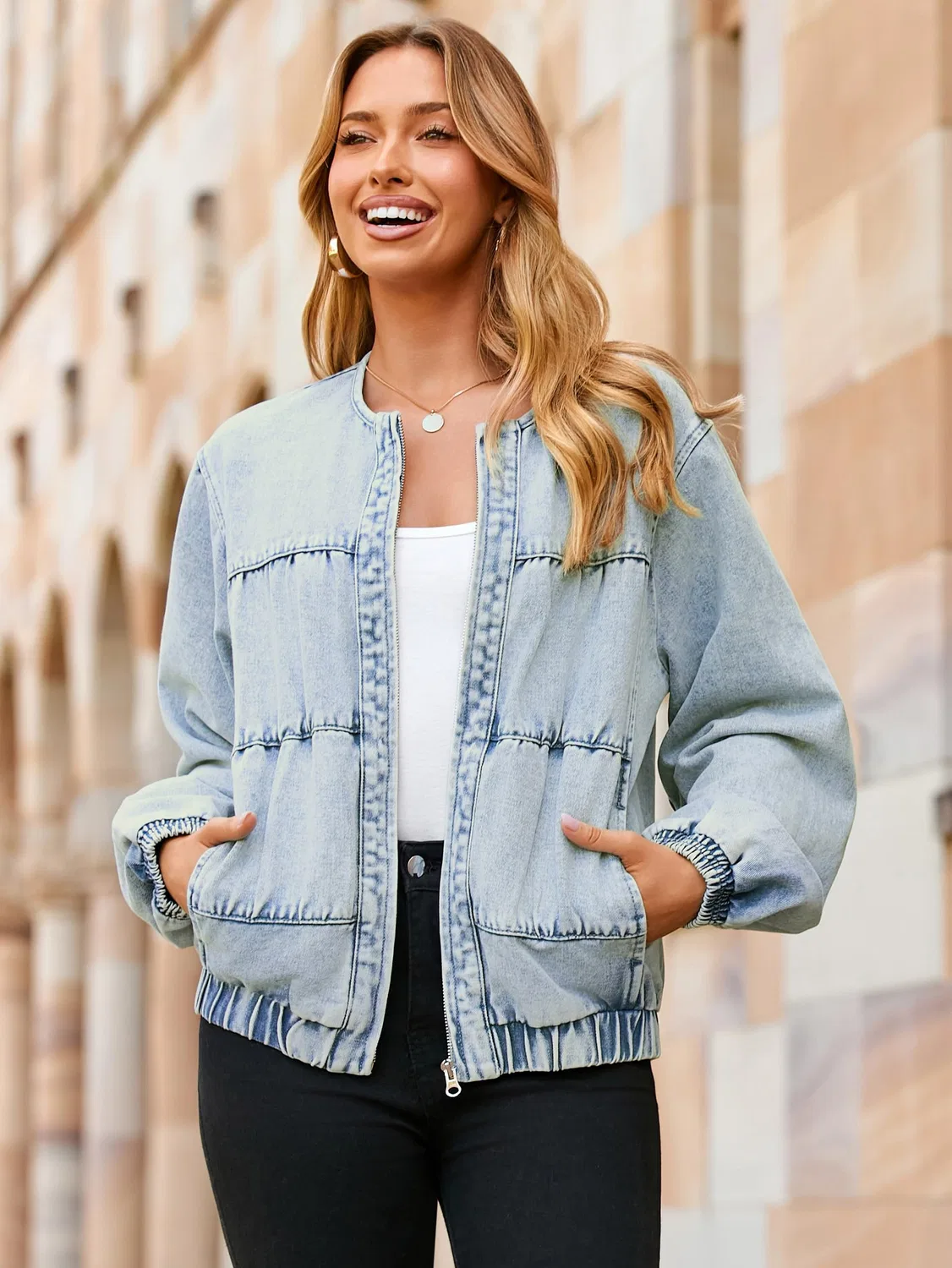 Женское джинсовое пальто с длинным рукавом Donna Denim Bomber, Azzurro — фото 3