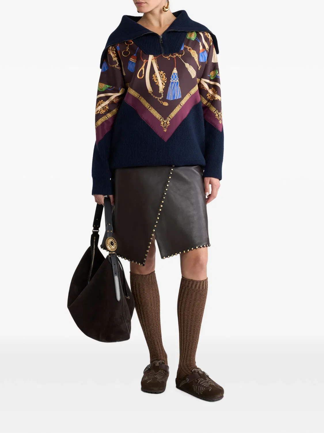 Короткая кожаная юбка с заклепками Etro, коричневый — фото 2