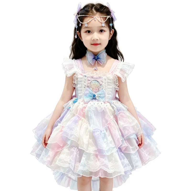 Детское платье для девочек с принтом Pink Dress+Train+Head Chain+Scepter+Necklace+Shell Charm YALU