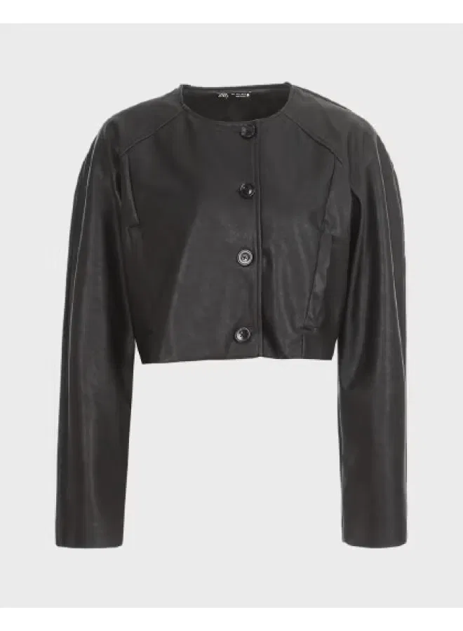 Куртка кожаная с подплечниками Zara, черный