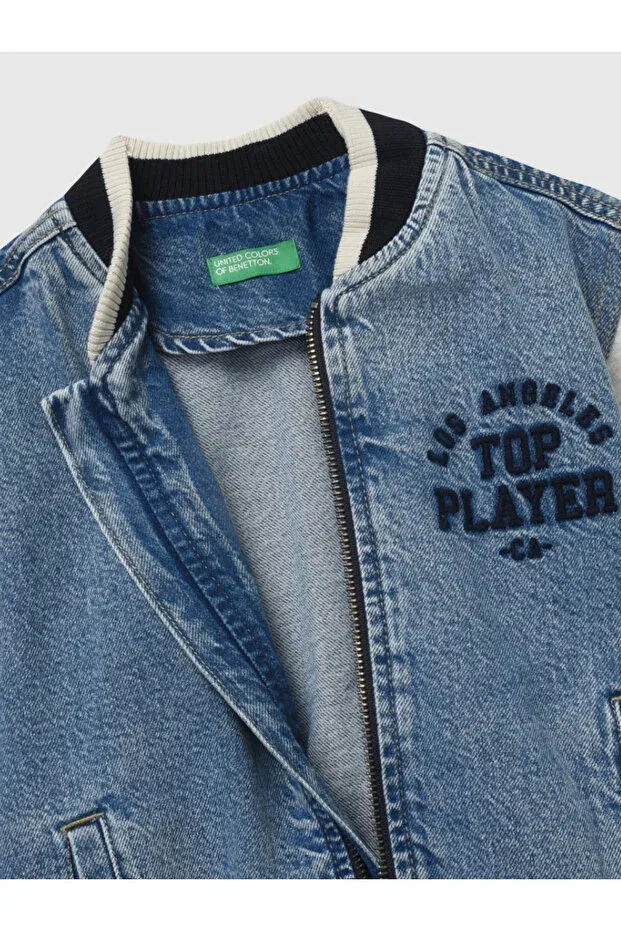 Детская джинсовая куртка-бомбер с длинным рукавом Benetton, Blue — фото 3