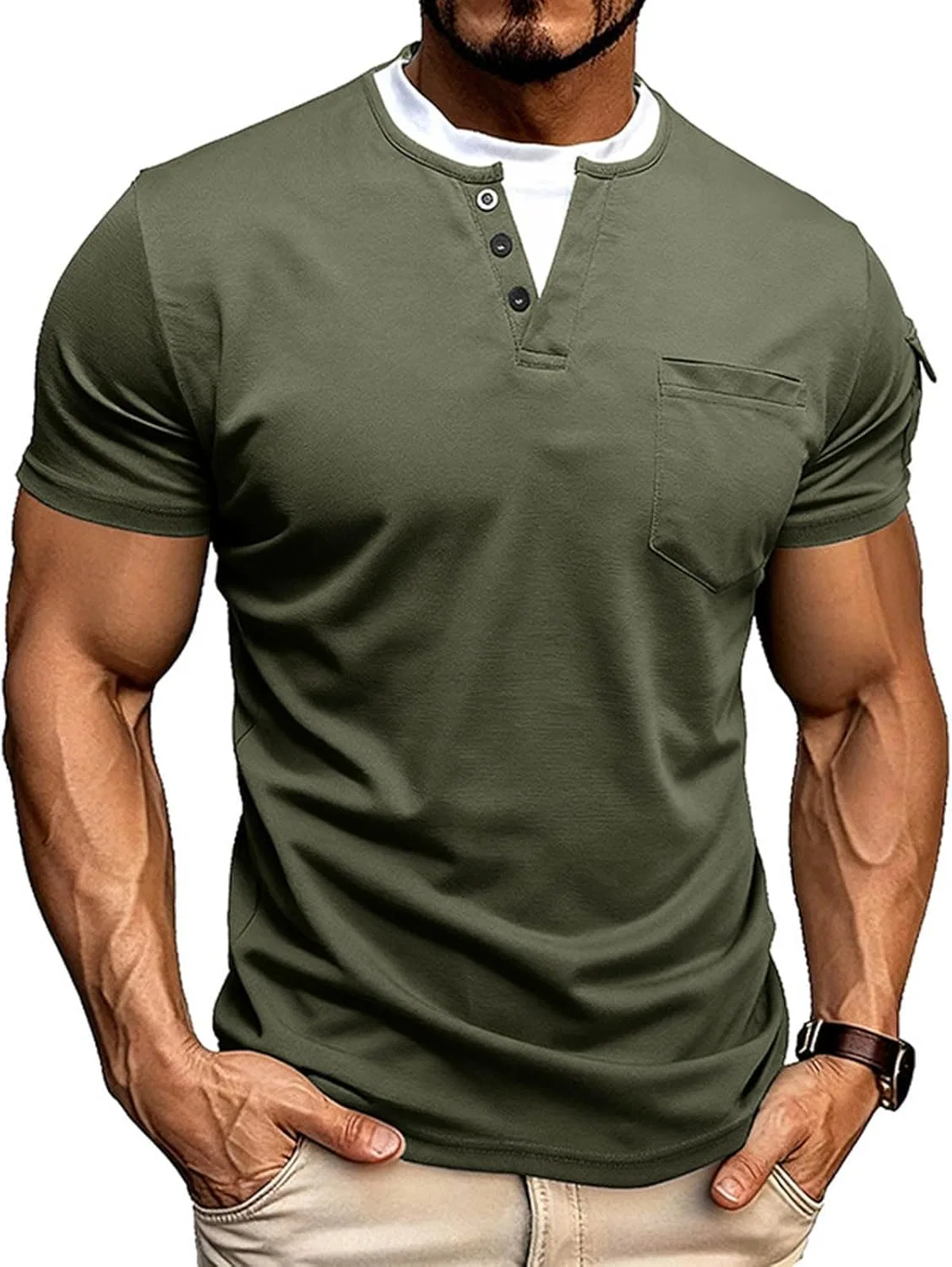 Мужская хлопковая футболка-поло с ложным двухслойным эффектом Oversize, Army Green — фото 2