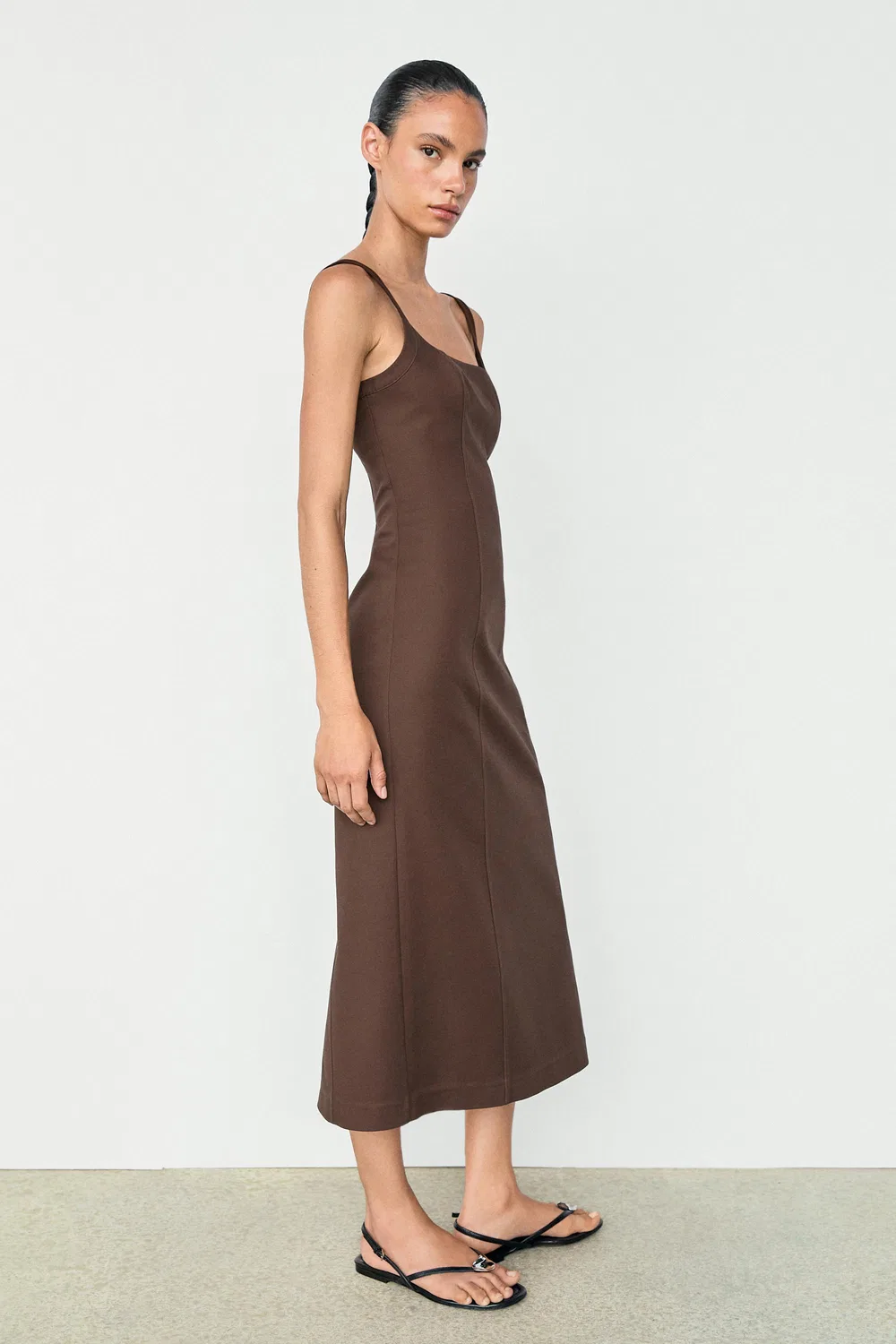 Платье Massimo Dutti, миди, из смесовой хлопковой ткани, коричневый — фото 4