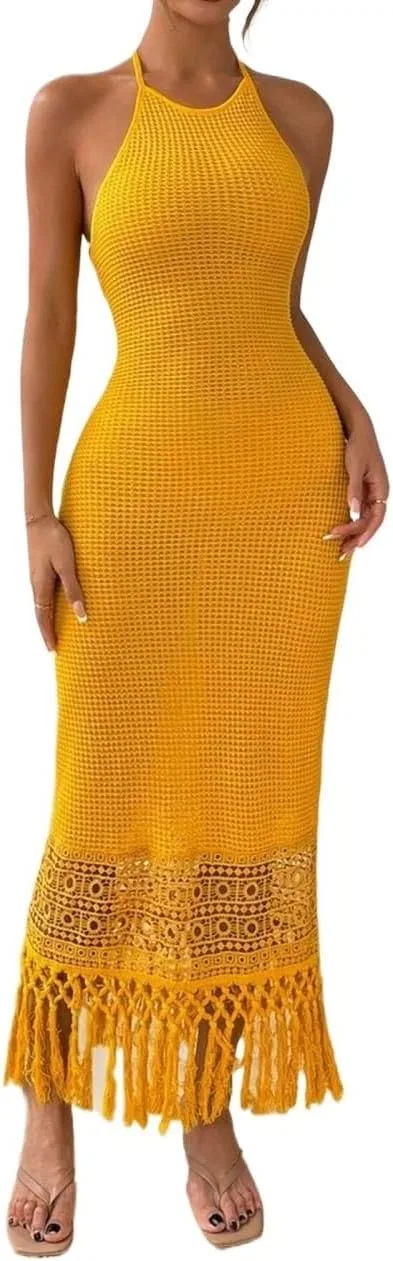 Женское длинное пляжное платье-макраме на бретелях, Yellow