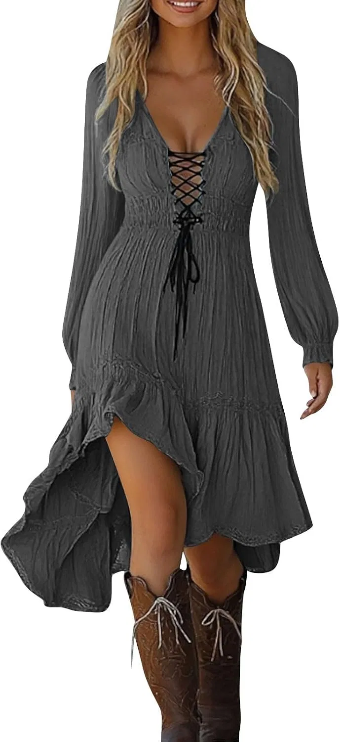 Женское платье с длинным рукавом и кружевной шнуровкой, Dark Gray