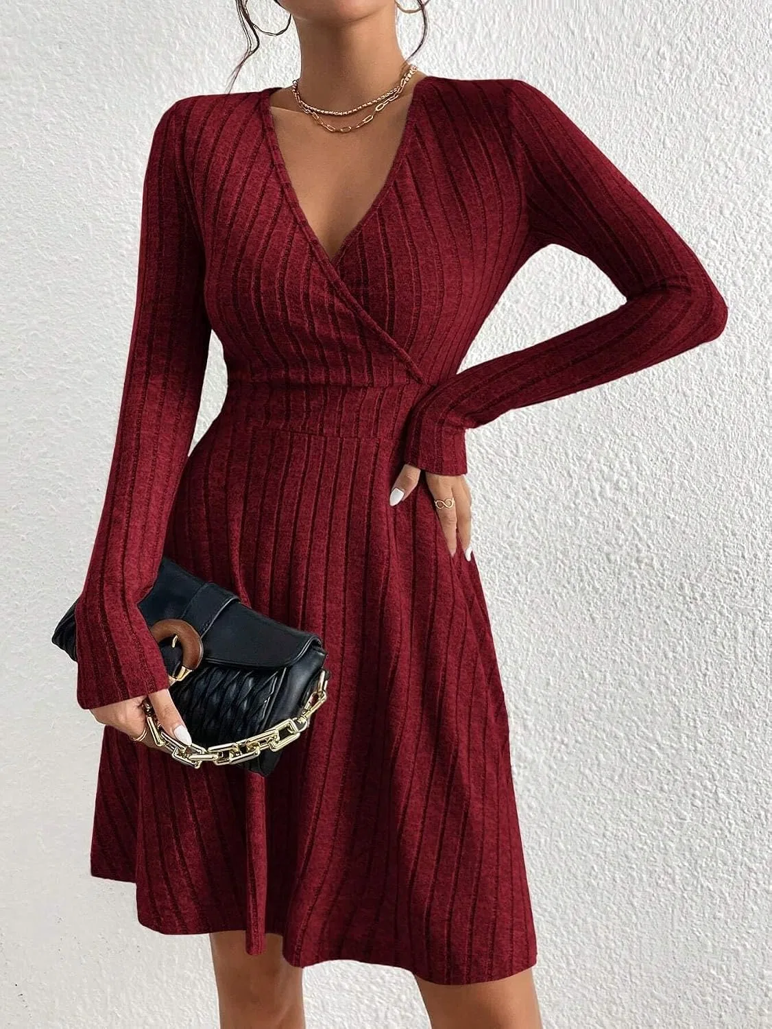 Женское платье с V-образным вырезом Long Sleeve V-Neck, Burgundy — фото 4
