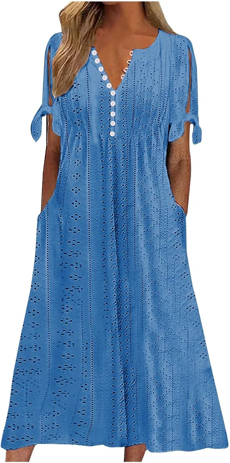 Женское летнее платье макси с принтом Henley Neck, Blue
